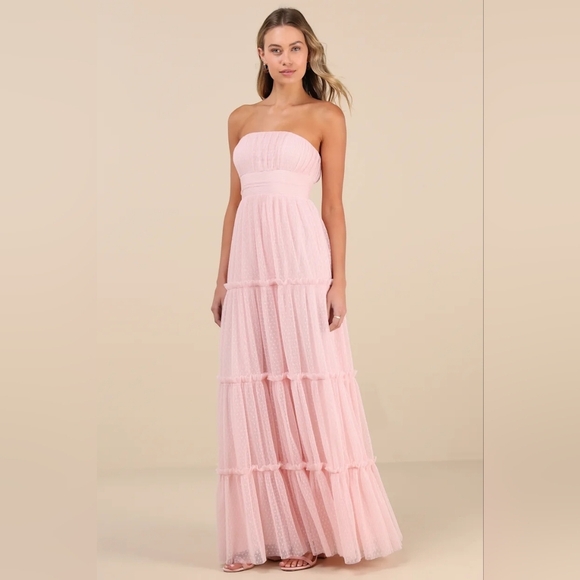 Lulus Sweetness Light Pink Mesh Swiss Dot Tiered Maxi Dress M Wedding Party - Picture 3 of 9